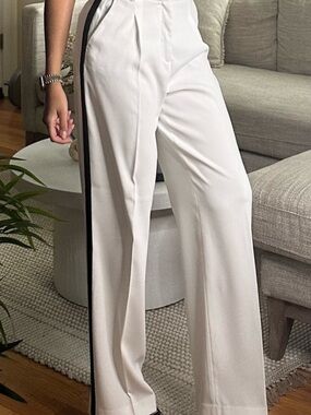 Zara White Wide-Leg Trousers with Black Side Stripe